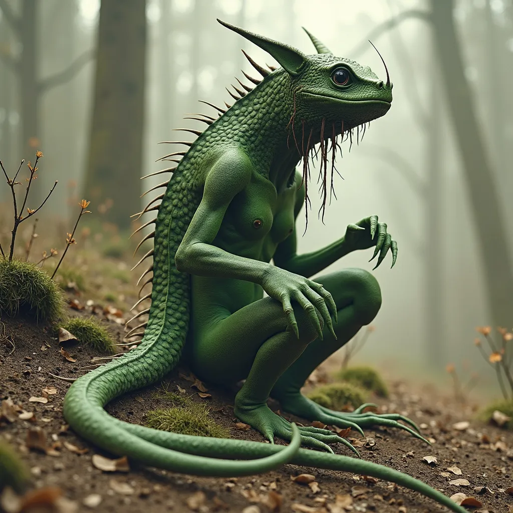 Prompt: Drak – (German) elf partly shapeshifted into a lizard. Likely represents the Hazel Worm as the protective spirit motif in German culture. A French version called a Drac is said to be a type of Lutin or French elf.
Draugar – Undead creatures that guard their burial mounds.