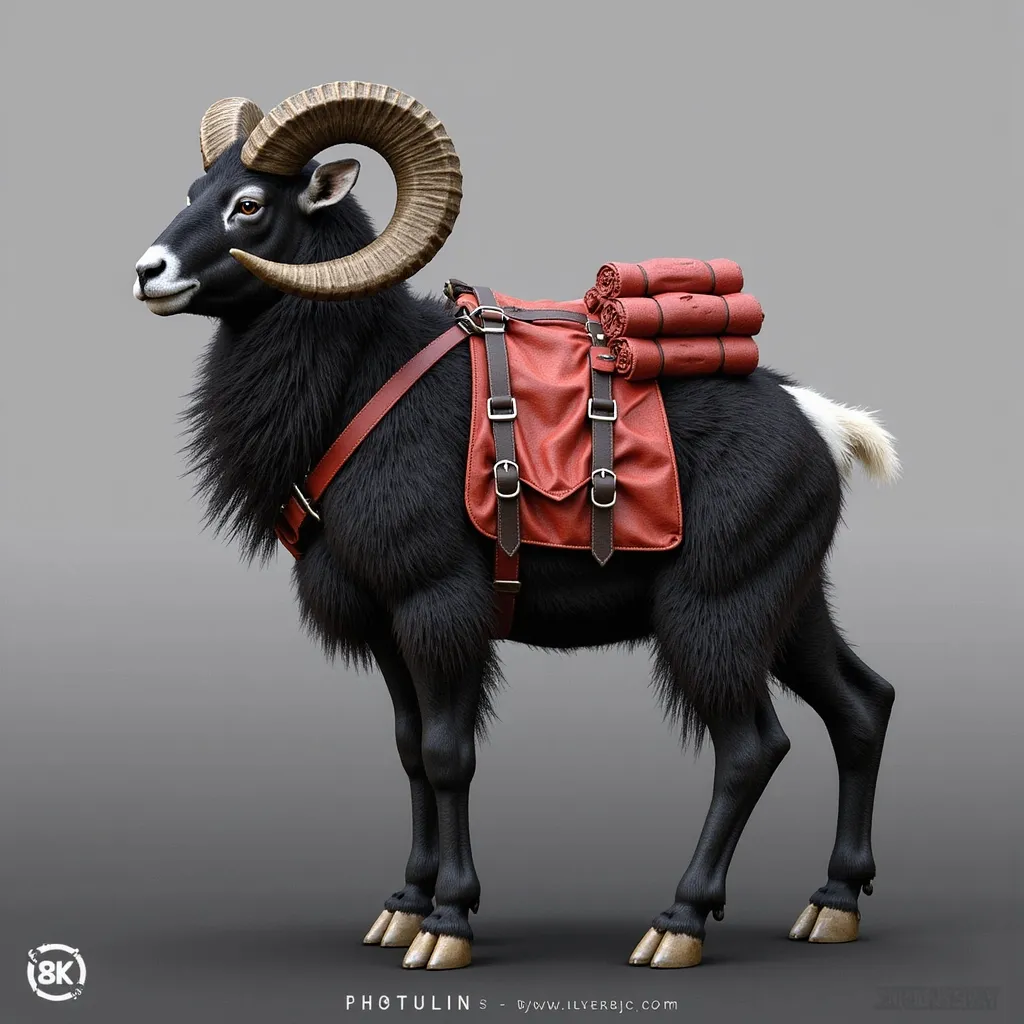 Prompt: A large, dark-furred mountain ram with strong, curved horns stands confidently against a soft gradient background that shifts from light gray to deep charcoal. Its stout, muscular frame is covered in thick Sherpa-style mohair fur, evoking a sense of power and resilience. The beast wears a vivid red, well-crafted leather saddle, complete with rolled blankets, travel packs, and finely detailed straps and buckles that catch the light, showcasing expert craftsmanship. Its calm, steady gaze suggests loyalty and strength, embodying both utility and companionship in a rugged wilderness setting.

Rendered in 8K ultra-realism, every strand of fur and glint of worn metal is brought to life. The image blends high fantasy and Afrofuturism, with bold, sculptural styling inspired by Boris Vallejo and Tom of Finland. The overall mood combines heroic presence, futuristic elegance, and a grounded mythic world — perfect for concept art in a fantasy or science-fantasy narrative.