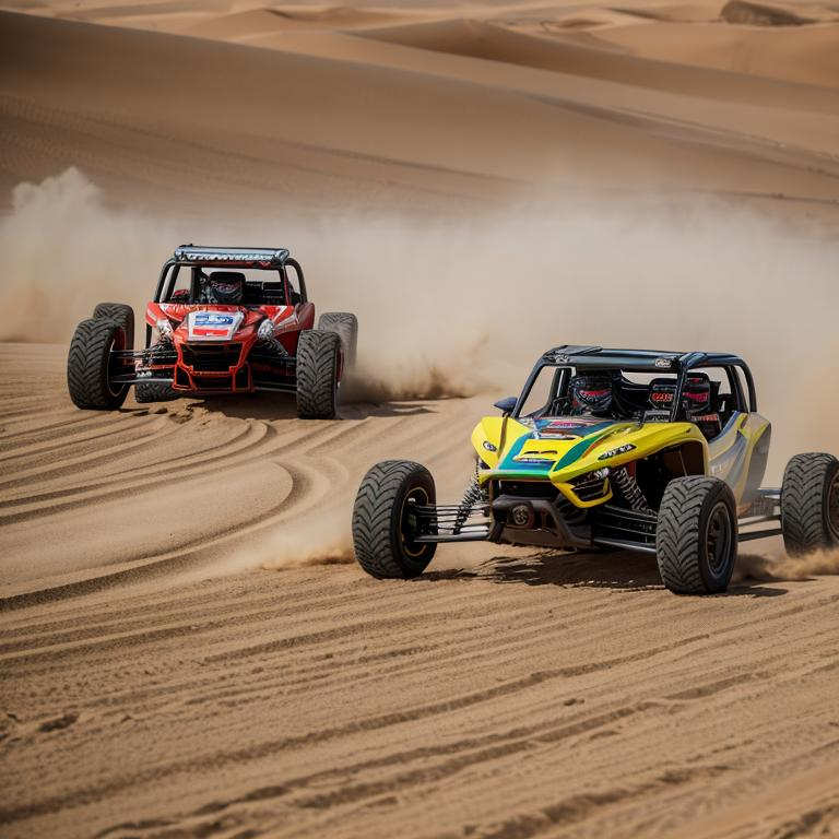 Prompt: ((create a symmetrically correct racing drone that looks like a dune buggy race)), split image same vehicle, follow the prompt 