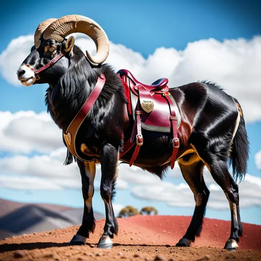 Prompt: create beastly male black more Ram than Wolf hybrid with a dark red saddle on its back