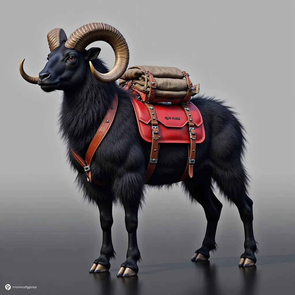 Prompt: A large, dark-furred mountain ram with strong, curved horns stands confidently against a soft gradient background that shifts from light gray to deep charcoal. Its stout, muscular frame is covered in thick Sherpa-style mohair fur, evoking a sense of power and resilience. The beast wears a vivid red, well-crafted leather saddle, complete with rolled blankets, travel packs, and finely detailed straps and buckles that catch the light, showcasing expert craftsmanship. Its calm, steady gaze suggests loyalty and strength, embodying both utility and companionship in a rugged wilderness setting.

Rendered in 8K ultra-realism, every strand of fur and glint of worn metal is brought to life. The image blends high fantasy and Afrofuturism, with bold, sculptural styling inspired by Boris Vallejo and Tom of Finland. The overall mood combines heroic presence, futuristic elegance, and a grounded mythic world — perfect for concept art in a fantasy or science-fantasy narrative.