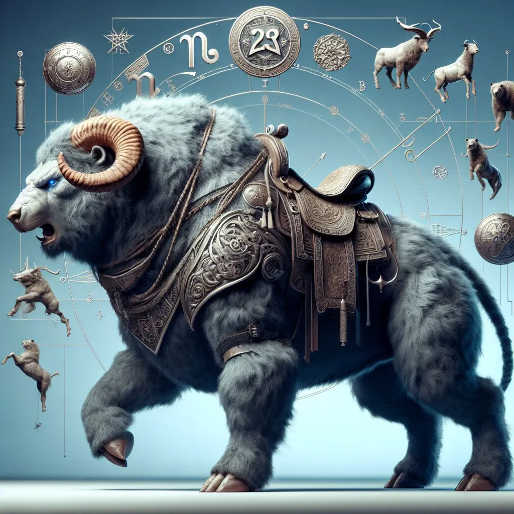 Prompt: Realistic Full-body Ram bear bull beast with a saddle guarding a territory, detailed background, Aries symbols, high fantasy, digital rendering, very detailed, perfect picture, professional quality, fantasy art, concept art, Aries themed background, detailed digital rendering, detailed ram bull bear beast, highres, professional, perfect lighting