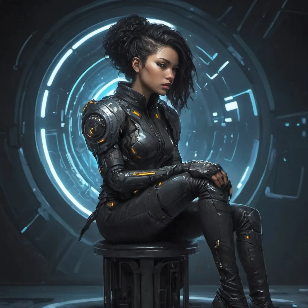 Prompt: a man in a futuristic suit sitting on a stool with a black hair and a futuristic look on her face, Aleksi Briclot, afrofuturism, highly detailed digital painting, cyberpunk art