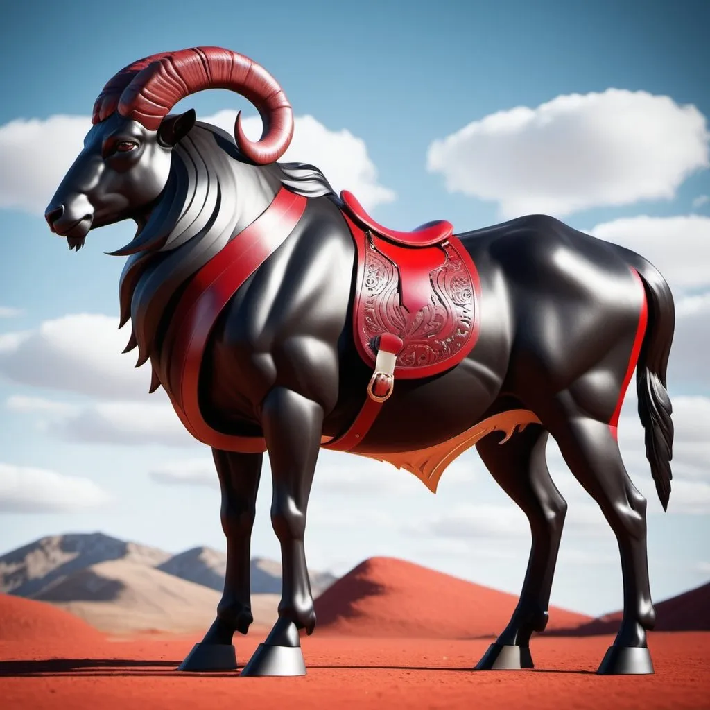 Prompt: create beastly male black more Ram than Wolf hybrid with a dark red saddle on its back, it is as big as a bull