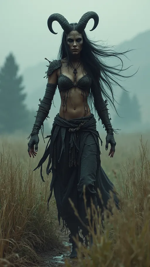 Prompt: Ala – Female demon that brings bad weather to farms in Balkan folklore.