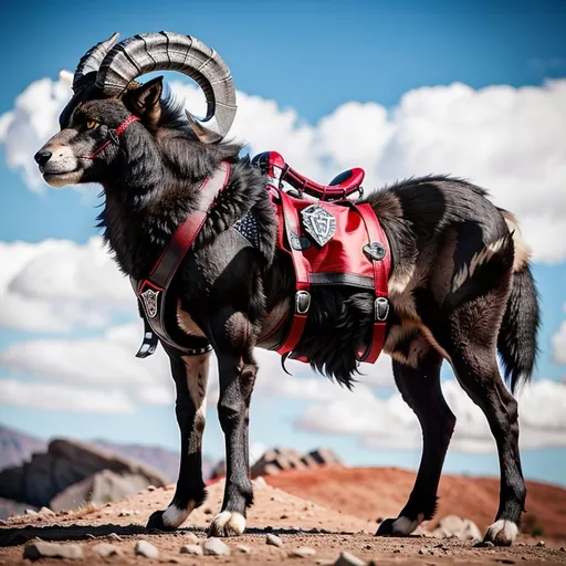 Prompt: create beastly male black Ram Wolf hybrid with a dark red saddle on its back