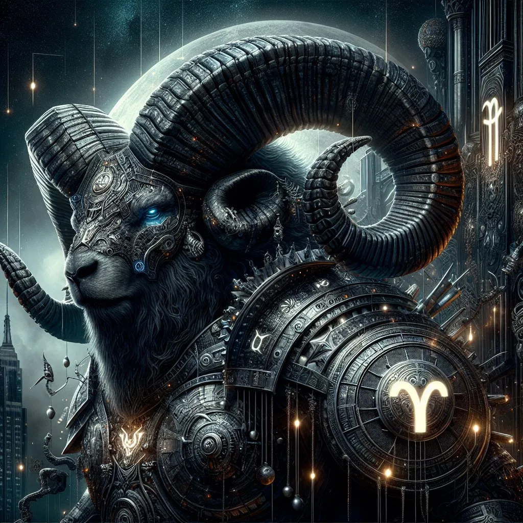 Prompt: Full-body ram bull bear beast with armor  guarding a territory, detailed dark fantasy background, Aries symbols, afrofuturism, high fantasy, digital rendering, very detailed, perfect picture, professional quality, fantasy art, concept art, Aries themed background, detailed digital rendering, detailed afrofuturism, detailed ram bull bear beast, dark and detailed fantasy, highres, professional, perfect lighting