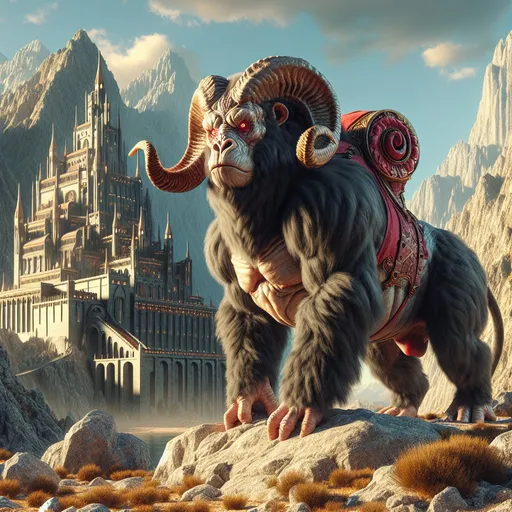 Prompt: Realistic Full-body Ram bull gorilla beast with a red saddle guarding a territory and roaring, detailed sunny rocky mountain alien dungeon castle background, high fantasy, digital rendering, very detailed, perfect picture, professional quality, fantasy art, concept art, detailed digital rendering, detailed ram bull gorilla beast, 8k highres, professional, perfect lighting, trending 