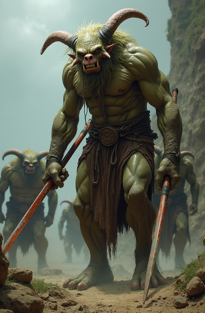 Prompt: Fomorians – Army of monstrous troll-like/goblin-like humanoid beings