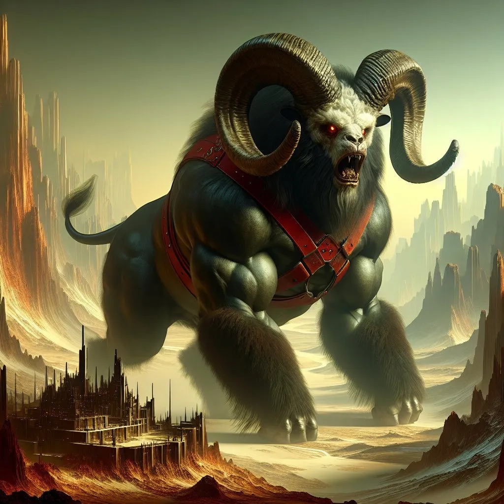Prompt: Realistic Full-body Ram bull gorilla beast with a red saddle guarding a territory and roaring, detailed sunny rocky mountain alien planet dark dungeon castle background, high fantasy, digital rendering, very detailed, perfect picture, professional quality, fantasy art, concept art, detailed digital rendering, detailed ram bull gorilla beast, 8k highres, professional, perfect lighting, trending 