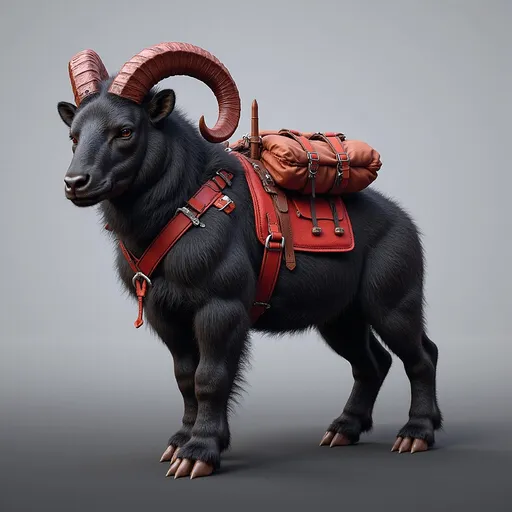 Prompt: A large, dark-furred mountain ram bear lion with strong, curved red and black horns stands confidently against a soft gradient background that shifts from light gray to deep charcoal. Its stout, muscular frame is covered in thick Sherpa-style mohair fur, evoking a sense of power and resilience. The beast wears a vivid red, well-crafted leather saddle, complete with rolled blankets, travel packs, and finely detailed straps and buckles that catch the light, showcasing expert craftsmanship. Its calm, steady gaze suggests loyalty and strength, embodying both utility and companionship in a rugged wilderness setting.

Rendered in 8K ultra-realism, every strand of fur and glint of worn metal is brought to life. The image blends high fantasy and Afrofuturism, with bold, sculptural styling inspired by Boris Vallejo and Tom of Finland. The overall mood combines heroic presence, futuristic elegance, and a grounded mythic world — perfect for concept art in a fantasy or science-fantasy narrative.