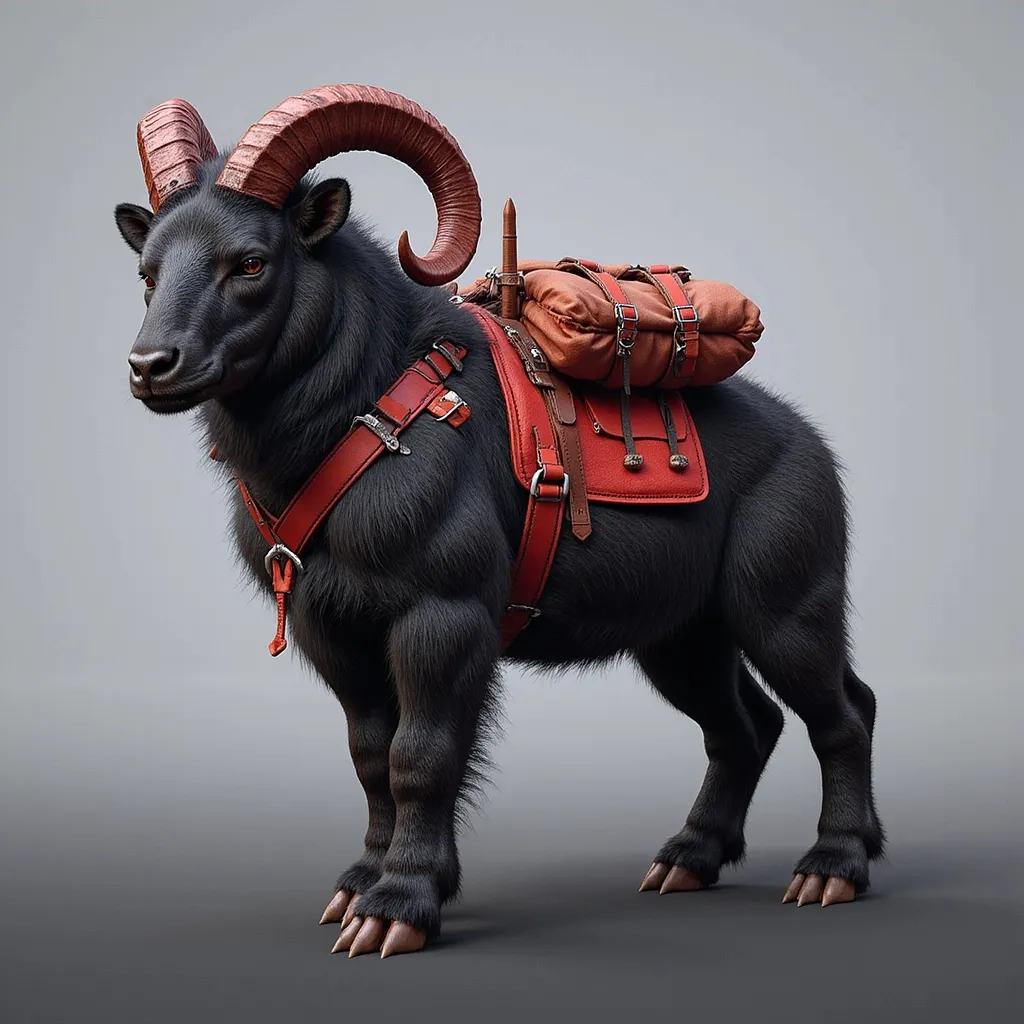 Prompt: A large, dark-furred mountain ram bear lion with strong, curved red and black horns stands confidently against a soft gradient background that shifts from light gray to deep charcoal. Its stout, muscular frame is covered in thick Sherpa-style mohair fur, evoking a sense of power and resilience. The beast wears a vivid red, well-crafted leather saddle, complete with rolled blankets, travel packs, and finely detailed straps and buckles that catch the light, showcasing expert craftsmanship. Its calm, steady gaze suggests loyalty and strength, embodying both utility and companionship in a rugged wilderness setting.

Rendered in 8K ultra-realism, every strand of fur and glint of worn metal is brought to life. The image blends high fantasy and Afrofuturism, with bold, sculptural styling inspired by Boris Vallejo and Tom of Finland. The overall mood combines heroic presence, futuristic elegance, and a grounded mythic world — perfect for concept art in a fantasy or science-fantasy narrative.