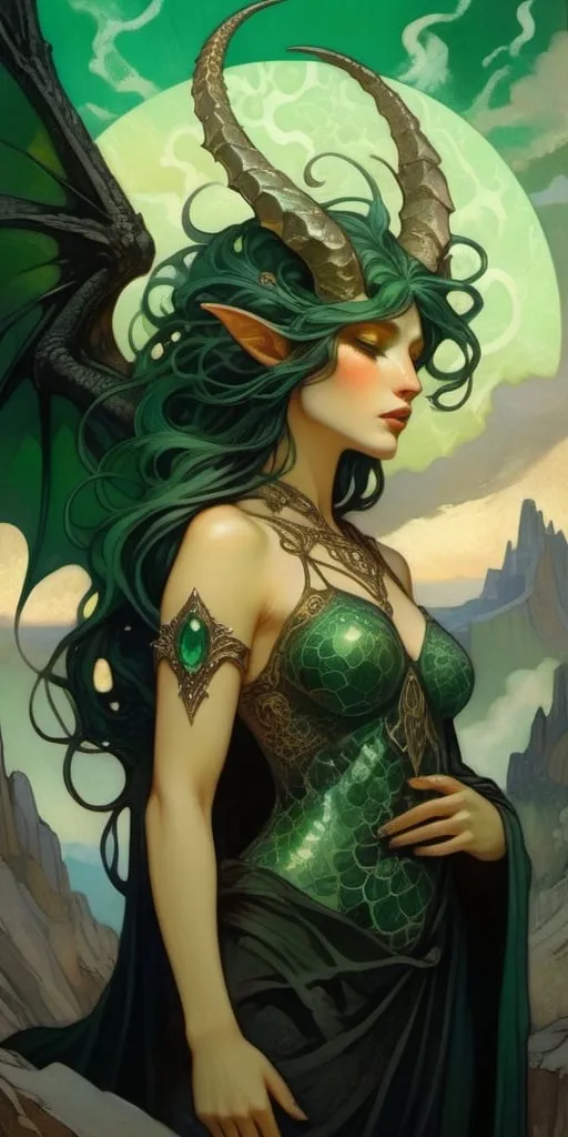 Prompt: Enormous humanoid figure, dragon scales, dragon head, black tattered wings filling the sky, green glistening eyes, evil aura, two horns, emerald ring, standing atop a desolate, charred mountain called the Whisperlands, epic fantasy portrait, storybook style, detailed and intricate design, dark and dramatic lighting, vibrant greens and golds, ominous atmosphere. 