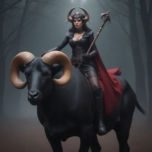 Prompt: a woman riding a ram bull hybrid horns on it's head, the woman is wearing black and red skimp riding outfit, she is holding a red staff, dark fantasy art, concept art