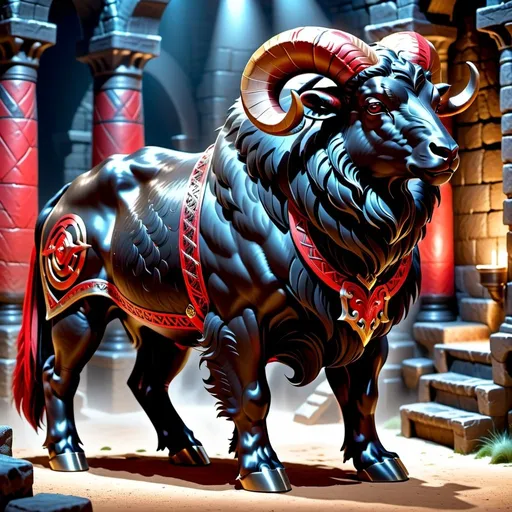 Prompt: Realistic side view Full-body black and red furry Ram bull bear beast with a red saddle standing, detailed dungeon background, high fantasy, digital rendering, very detailed, perfect picture, professional quality, fantasy art, concept art, detailed digital rendering, detailed ram bear bull beast, 8k highres, professional, perfect lighting, trending 