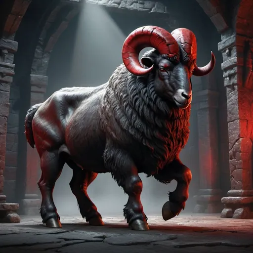 Prompt: Realistic side view Full-body black and red furry Ram bull bear beast with a red saddle standing on two legs and two legs in the air, detailed dungeon background, high fantasy, digital rendering, very detailed, perfect picture, professional quality, fantasy art, concept art, detailed digital rendering, detailed ram bear bull beast, 8k highres, professional, perfect lighting, trending 