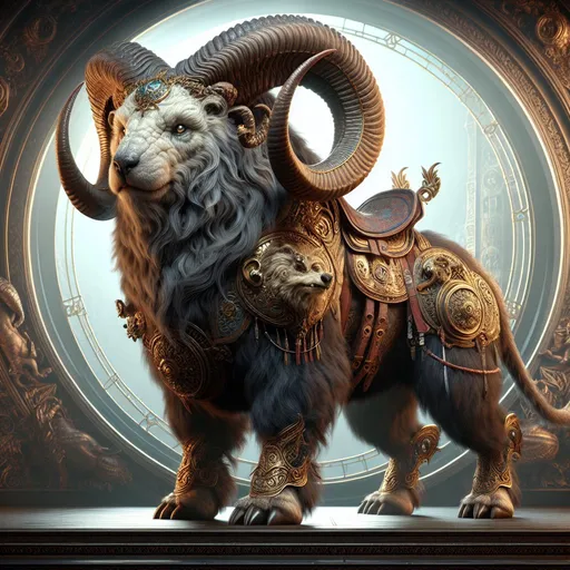 Prompt: Realistic Full-body Ram bull bear beast with a saddle guarding a territory, detailed background, high fantasy, digital rendering, very detailed, perfect picture, professional quality, fantasy art, concept art, detailed digital rendering, detailed ram bull bear beast, highres, professional, perfect lighting