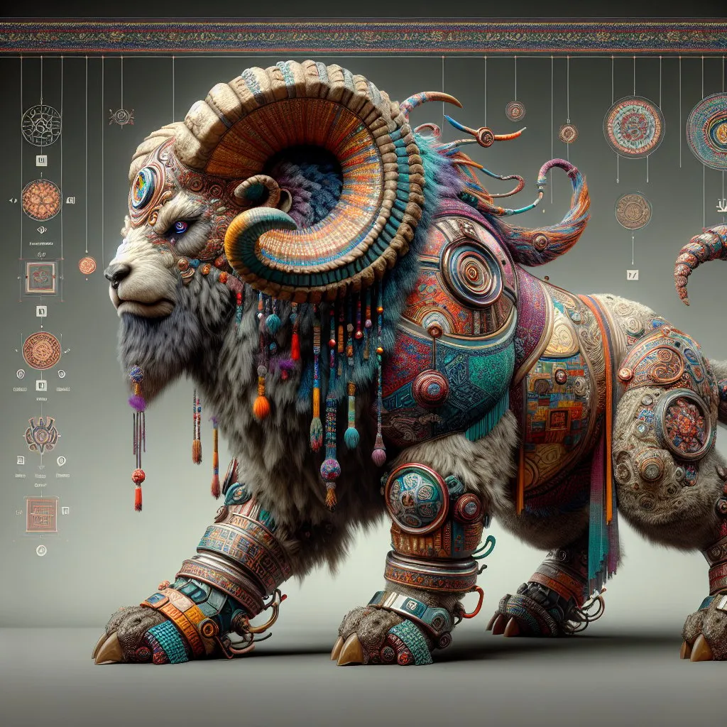 Prompt: Realistic Full-body Ram bear bull beast with armor  guarding a territory, detailed background, Aries symbols, afrofuturism, high fantasy, digital rendering, very detailed, perfect picture, professional quality, fantasy art, concept art, Aries themed background, detailed digital rendering, detailed afrofuturism, detailed ram bull bear beast, highres, professional, perfect lighting