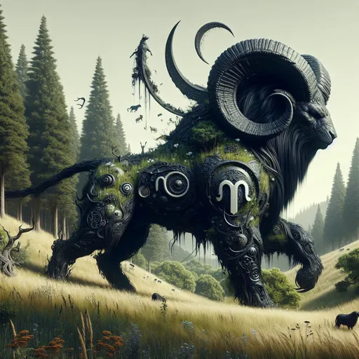 Prompt: a side view of a black ram bull bear beast in a field of grass and trees in the background, transgressive art, dark fantasy,Aries symbols and Aries themed background, afrofuturism, very detailed, high fantasy, a digital rendering, fantasy art, fantasy art, concept art