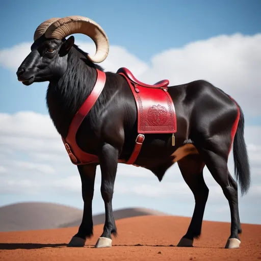 Prompt: create beastly male black more Ram than Wolf hybrid with a dark red saddle on its back, it is as big as a bull