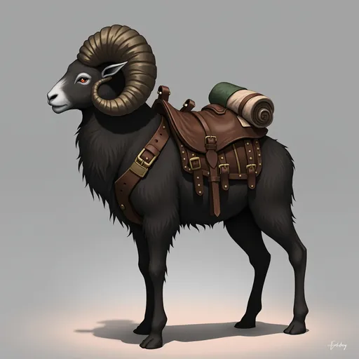 Prompt: A large, dark-furred mountain ram with strong, curved horns stands confidently against a soft gradient background that fades from light gray to dark. It wears a detailed leather saddle with a rolled blanket and travel packs, ready for an adventure. Light highlights the craftsmanship of the saddle's straps and buckles. The ram’s calm, steady expression suggests strength and loyalty. The image blends realism and fantasy, evoking a sense of wilderness travel and companionship — ideal for concept art in a fantasy setting, With strong, curved horns framing its head, a large, dark-furred ram stands poised against a softly gradient background that transitions from light gray to a darker hue. Its confident stance is accented by a well-fitted saddle adorned with gear, including a rolled blanket and additional packs, suggesting it is ready for adventure or travel. The light catches the intricate details of the leather straps securing the saddle, highlighting the craft of its design. The ram’s expression conveys a sense of calm strength, embodying a rich narrative of companionship and utility in a rugged, wilderness setting. The overall style evokes a blend of realism and fantasy, creating a captivating image that draws the viewer into a world of exploration.