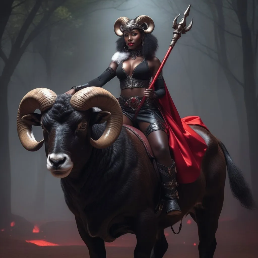 Prompt: a dark skin Aries Goddess woman riding a furry woolly black and red ram bull hybrid with horns on it's head, the woman is wearing black and red skimpy jockstrap harness riding outfit, she is holding a red glowing staff, dark fantasy art, concept art