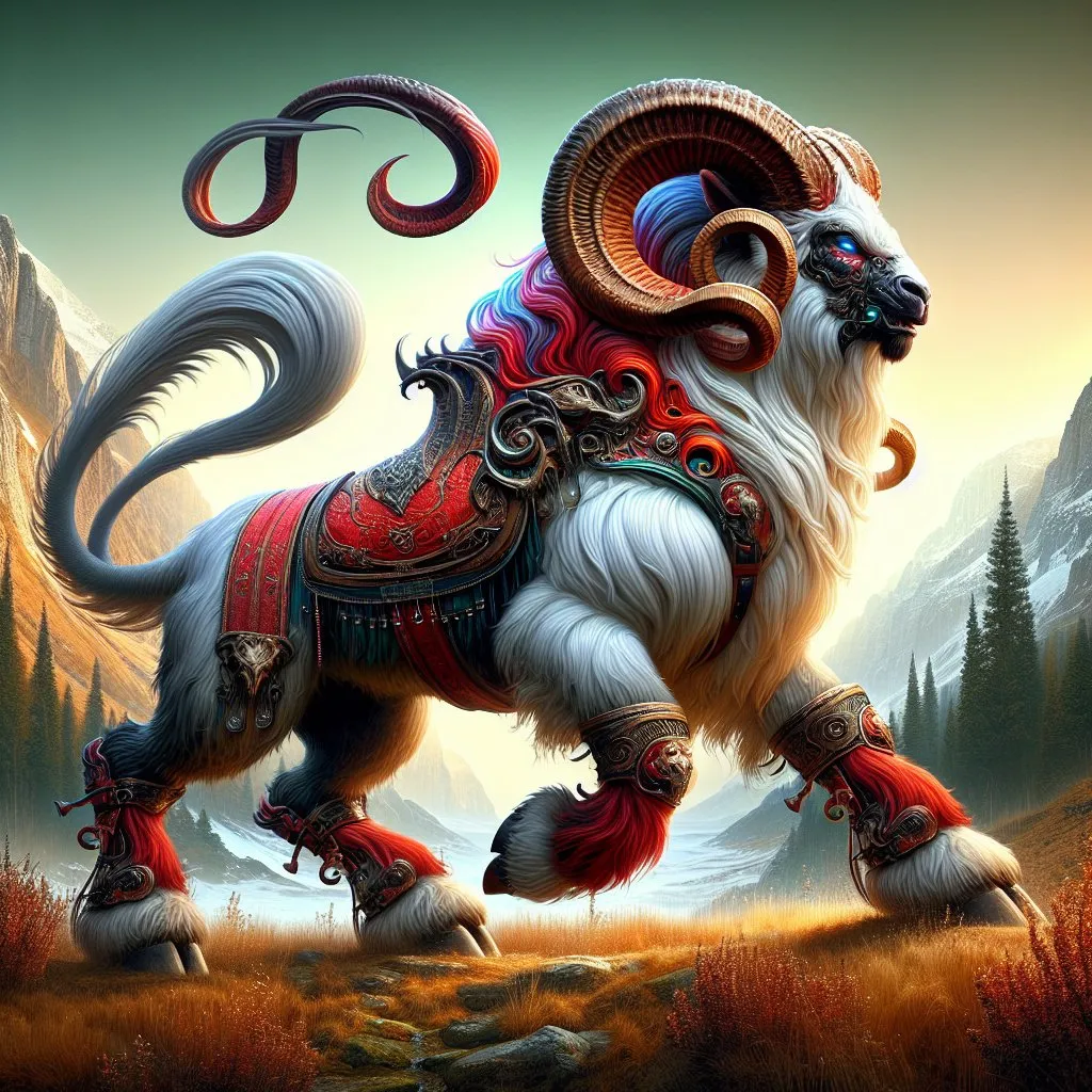 Prompt: Realistic Full-body Ram bull bear beast with a red saddle guarding a territory and roaring, detailed background, high fantasy, digital rendering, very detailed, perfect picture, professional quality, fantasy art, concept art, detailed digital rendering, detailed ram bull bear beast, 8k highres, professional, perfect lighting, trending 