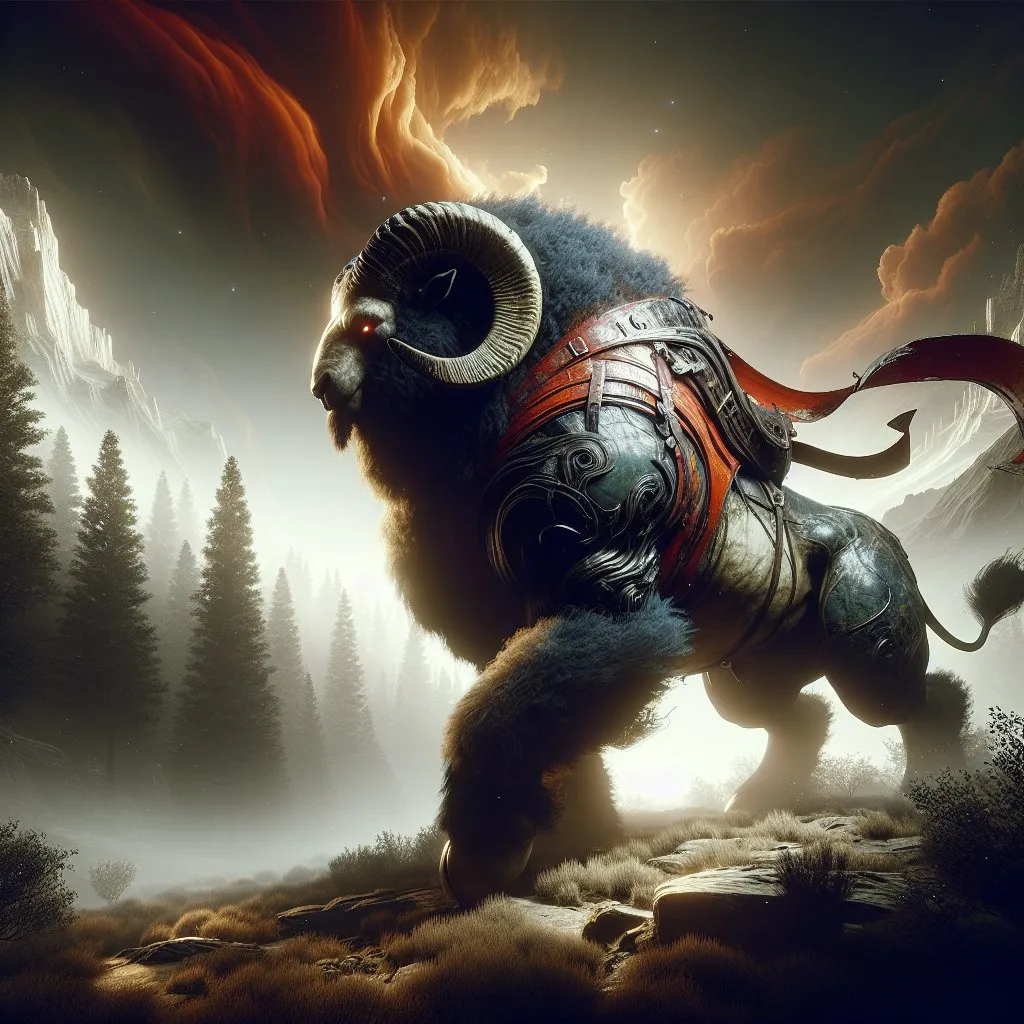 Prompt: Realistic Full-body Ram bull bear beast with a red saddle guarding a territory, detailed background, high fantasy, digital rendering, very detailed, perfect picture, professional quality, fantasy art, concept art, detailed digital rendering, detailed ram bull bear beast, highres, professional, perfect lighting