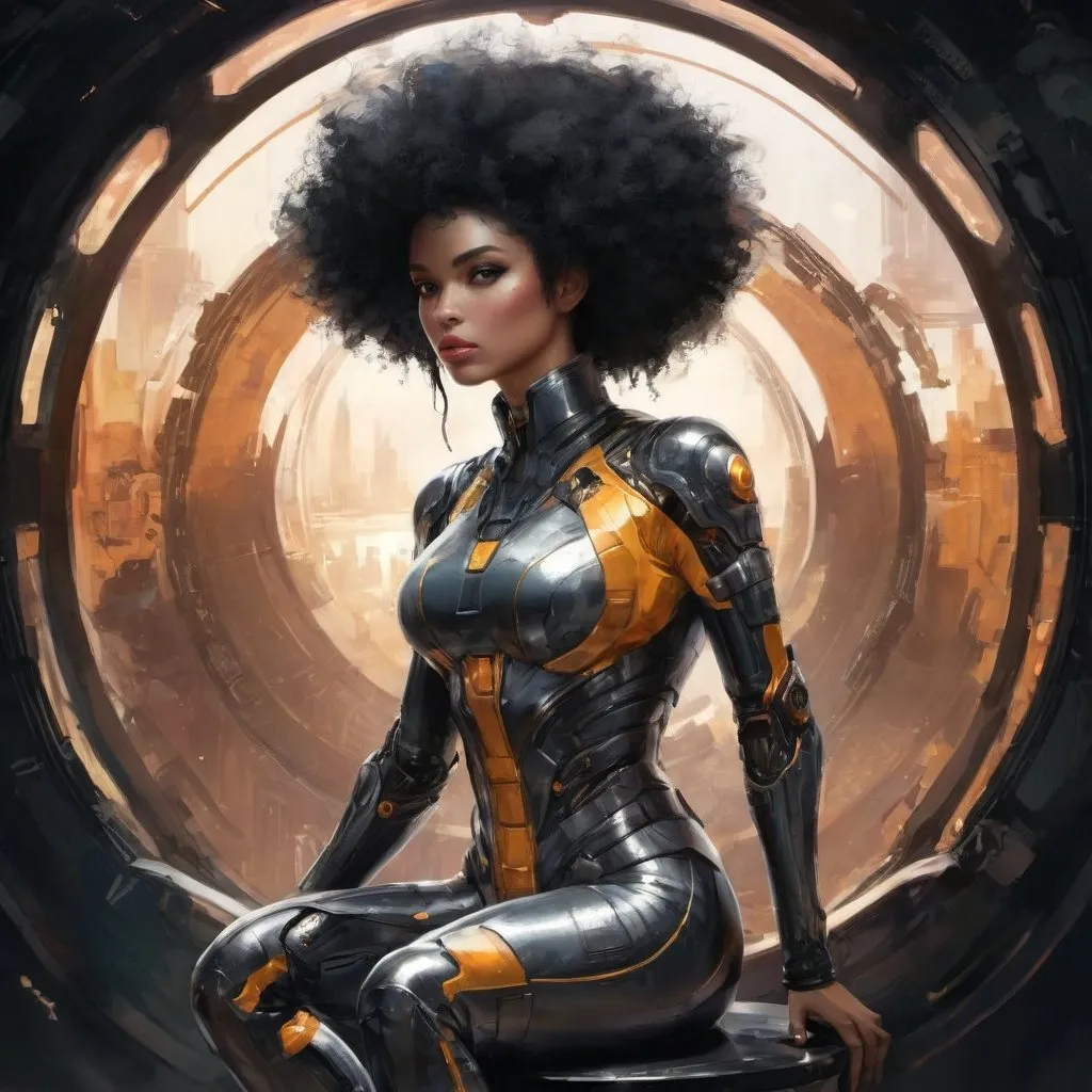 Prompt: a woman in a futuristic suit sitting on a stool with a black hair and a futuristic look on her face, Aleksi Briclot, afrofuturism, highly detailed digital painting, cyberpunk art