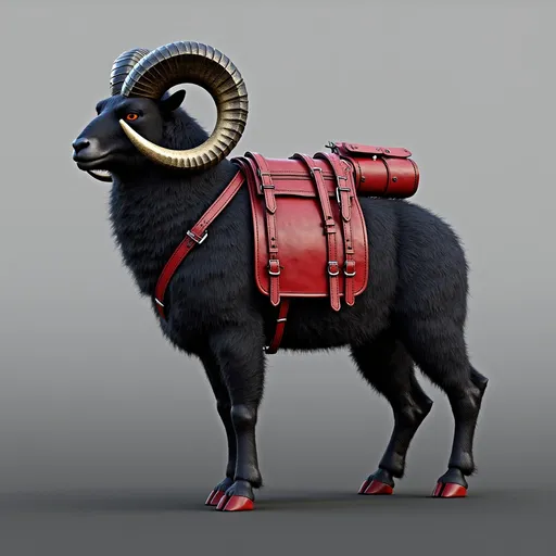 Prompt: A large, dark-furred mountain ram sheep lion hybrid with strong curved red and black horns stands confidently against a soft white background. Its stout, muscular frame is covered in thick Sherpa-style mohair fur, evoking a sense of power and resilience. The beast wears a vivid red, well-crafted leather saddle, complete with travel packs, and finely detailed straps and buckles that hold barbarian dominatrix weapons, showcasing expert craftsmanship. Its firey red eyes, steady gaze suggests loyalty and strength and sensual passionate, embodying both utility and companionship in a rugged wilderness setting, Rendered in 8K ultra-realism, every strand of fur and glint of worn metal is brought to life. The image blends high fantasy and Afrofuturism, with bold, sculptural styling inspired by Boris Vallejo and Tom of Finland. The overall mood combines heroic presence, futuristic elegance, and a grounded mythic world — perfect for concept art in a fantasy or science-fantasy narrative.