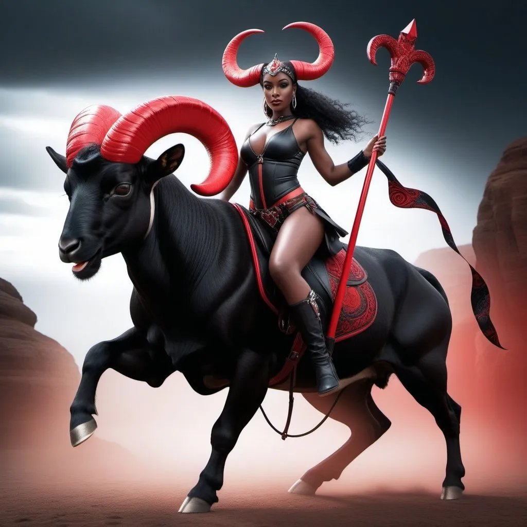 Prompt: a dark skin Aries Goddess woman riding a furry woolly black and red ram bull hybrid with horns on it's head, the woman is wearing black and red skimpy jockstrap harness riding outfit, she is holding a red glowing staff, dark fantasy art, concept art