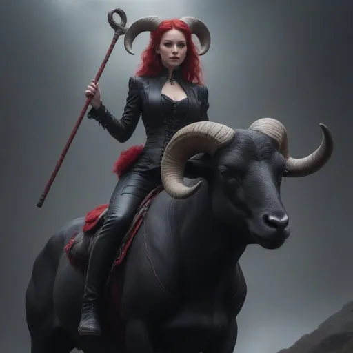 Prompt: a woman riding a ram bull hybrid horns on it's head, the woman is wearing black and red skimp riding outfit, she is holding a red staff, dark fantasy art, concept art