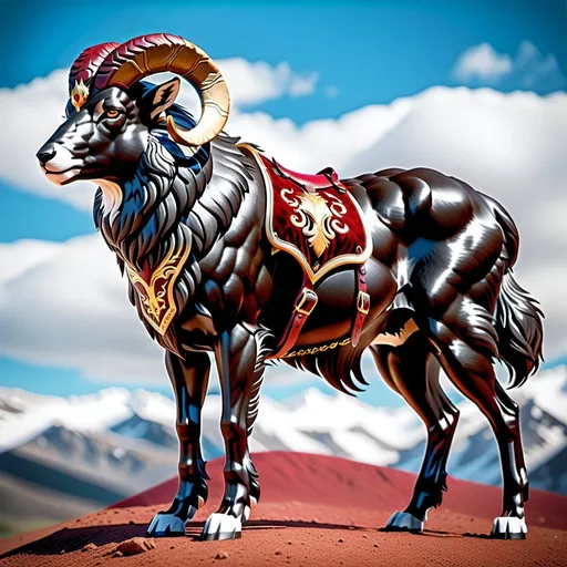 Prompt: create beastly male black Ram Wolf hybrid with a dark red saddle on its back