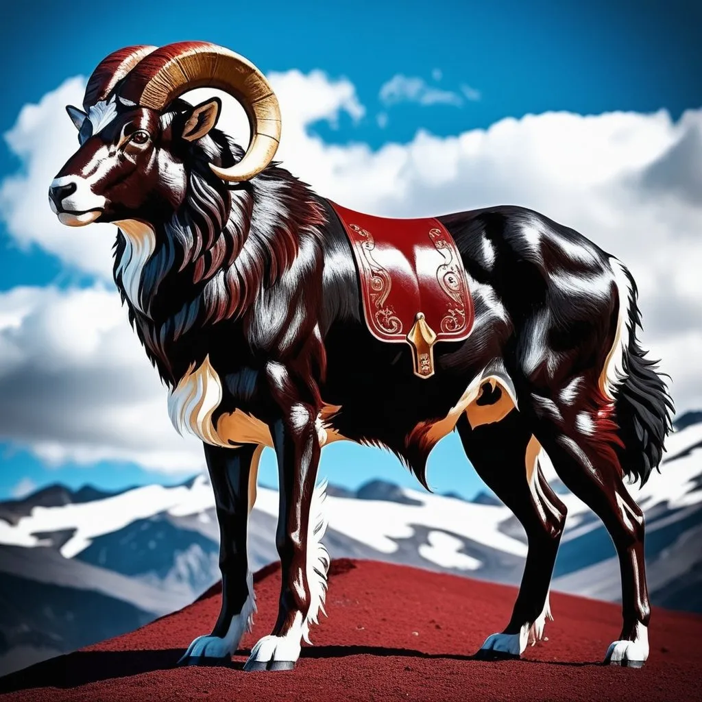 Prompt: create beastly male black more Ram than Wolf hybrid with a dark red saddle on its back, it is as big as a bull
