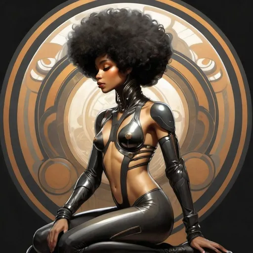 Prompt: a woman in a futuristic suit sitting on a stool with a black hair and a futuristic look on her face, Aleksi Briclot, afrofuturism, highly detailed digital painting, cyberpunk art