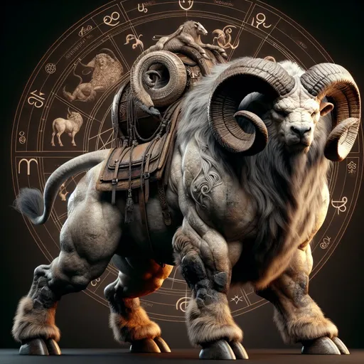 Prompt: Realistic Full-body Ram bull bear beast with a saddle guarding a territory, detailed background, Aries symbols, high fantasy, digital rendering, very detailed, perfect picture, professional quality, fantasy art, concept art, Aries themed background, detailed digital rendering, detailed ram bull bear beast, highres, professional, perfect lighting