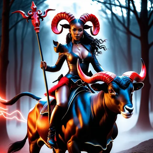 Prompt: a dark skin Aries Goddess woman riding a furry woolly black and red ram bull hybrid with horns on it's head, the woman is wearing black and red skimpy jockstrap harness riding outfit, she is holding a red glowing staff, dark fantasy art, concept art