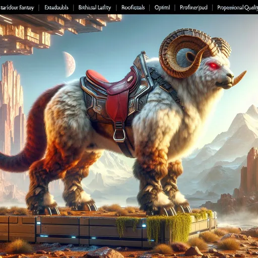 Prompt: Realistic Full-body Ram bull bear beast with a red saddle guarding a territory and roaring, detailed sunny rocky mountain alien planet background, high fantasy, digital rendering, very detailed, perfect picture, professional quality, fantasy art, concept art, detailed digital rendering, detailed ram bull bear beast, 8k highres, professional, perfect lighting, trending 