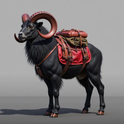 Prompt: A large, dark-furred mountain ram with strong, curved red and black horns stands confidently against a soft gradient background that shifts from light gray to deep charcoal. Its stout, muscular frame is covered in thick Sherpa-style mohair fur, evoking a sense of power and resilience. The beast wears a vivid red, well-crafted leather saddle, complete with rolled blankets, travel packs, and finely detailed straps and buckles that catch the light, showcasing expert craftsmanship. Its calm, steady gaze suggests loyalty and strength, embodying both utility and companionship in a rugged wilderness setting.

Rendered in 8K ultra-realism, every strand of fur and glint of worn metal is brought to life. The image blends high fantasy and Afrofuturism, with bold, sculptural styling inspired by Boris Vallejo and Tom of Finland. The overall mood combines heroic presence, futuristic elegance, and a grounded mythic world — perfect for concept art in a fantasy or science-fantasy narrative.