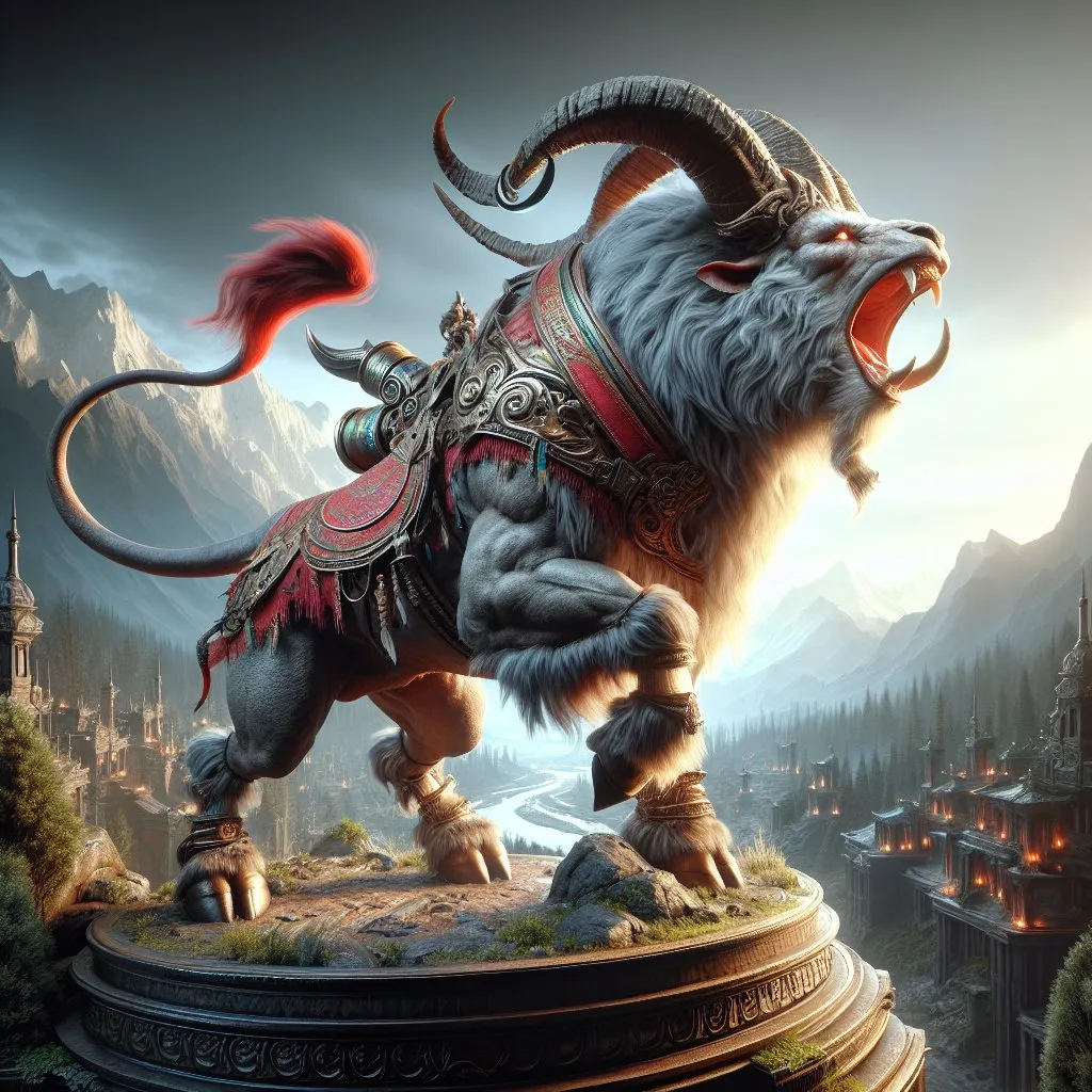 Prompt: Realistic Full-body Ram bull bear beast with a red saddle guarding a territory and roaring, detailed background, high fantasy, digital rendering, very detailed, perfect picture, professional quality, fantasy art, concept art, detailed digital rendering, detailed ram bull bear beast, 8k highres, professional, perfect lighting, trending 