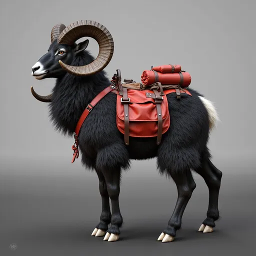 Prompt: A large, dark-furred mountain ram with strong, curved horns stands confidently against a soft gradient background that shifts from light gray to deep charcoal. Its stout, muscular frame is covered in thick Sherpa-style mohair fur, evoking a sense of power and resilience. The beast wears a vivid red, well-crafted leather saddle, complete with rolled blankets, travel packs, and finely detailed straps and buckles that catch the light, showcasing expert craftsmanship. Its calm, steady gaze suggests loyalty and strength, embodying both utility and companionship in a rugged wilderness setting.

Rendered in 8K ultra-realism, every strand of fur and glint of worn metal is brought to life. The image blends high fantasy and Afrofuturism, with bold, sculptural styling inspired by Boris Vallejo and Tom of Finland. The overall mood combines heroic presence, futuristic elegance, and a grounded mythic world — perfect for concept art in a fantasy or science-fantasy narrative.