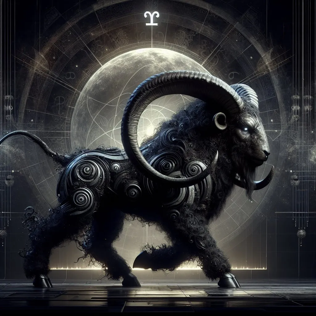 Prompt: Full-body ram bull bear beast, Aries symbols, detailed dark fantasy background, afrofuturism, digital rendering, high fantasy, very detailed, professional quality, concept art, perfect picture, fantasy art, dark fantasy, Aries themed background, highres, detailed fantasy art, detailed fantasy creature, intricate Aries symbols, dark tones, intense and atmospheric lighting