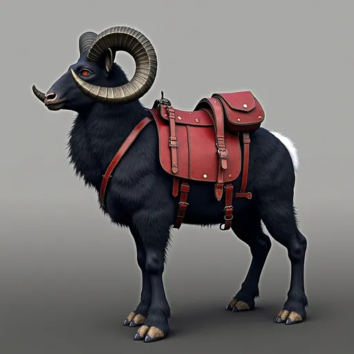 Prompt: A large, dark-furred mountain ram sheep lion hybrid with strong curved red and black horns stands confidently against a soft white background. Its stout, muscular frame is covered in thick Sherpa-style mohair fur, evoking a sense of power and resilience. The beast wears a vivid red, well-crafted leather saddle, complete with travel packs, and finely detailed straps and buckles that hold barbarian dominatrix weapons, showcasing expert craftsmanship. Its firey red eyes, steady gaze suggests loyalty and strength and sensual passionate, embodying both utility and companionship in a rugged wilderness setting, Rendered in 8K ultra-realism, every strand of fur and glint of worn metal is brought to life. The image blends high fantasy and Afrofuturism, with bold, sculptural styling inspired by Boris Vallejo and Tom of Finland. The overall mood combines heroic presence, futuristic elegance, and a grounded mythic world — perfect for concept art in a fantasy or science-fantasy narrative.