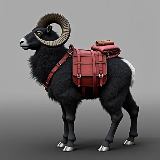 Prompt: A large, dark-furred mountain ram with strong, curved horns stands confidently against a soft gradient background that shifts from light gray to deep charcoal. Its stout, muscular frame is covered in thick Sherpa-style mohair fur, evoking a sense of power and resilience. The beast wears a vivid red, well-crafted leather saddle, complete with rolled blankets, travel packs, and finely detailed straps and buckles that catch the light, showcasing expert craftsmanship. Its calm, steady gaze suggests loyalty and strength, embodying both utility and companionship in a rugged wilderness setting.

Rendered in 8K ultra-realism, every strand of fur and glint of worn metal is brought to life. The image blends high fantasy and Afrofuturism, with bold, sculptural styling inspired by Boris Vallejo and Tom of Finland. The overall mood combines heroic presence, futuristic elegance, and a grounded mythic world — perfect for concept art in a fantasy or science-fantasy narrative.