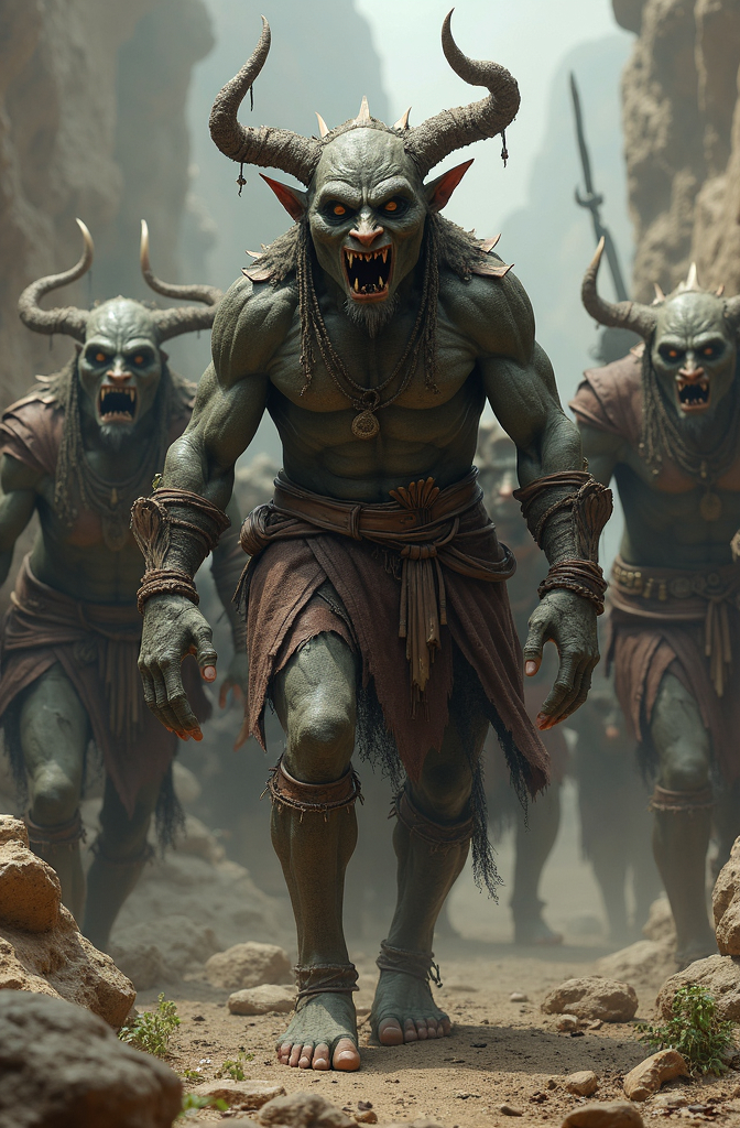 Prompt: Fomorians – Army of monstrous troll-like/goblin-like humanoid beings