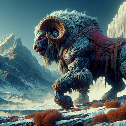 Prompt: Realistic Full-body Ram bull bear beast with a red saddle guarding a territory and roaring, detailed rocky mountain background, no snow, high fantasy, digital rendering, very detailed, perfect picture, professional quality, fantasy art, concept art, detailed digital rendering, detailed ram bull bear beast, 8k highres, professional, perfect lighting, trending 