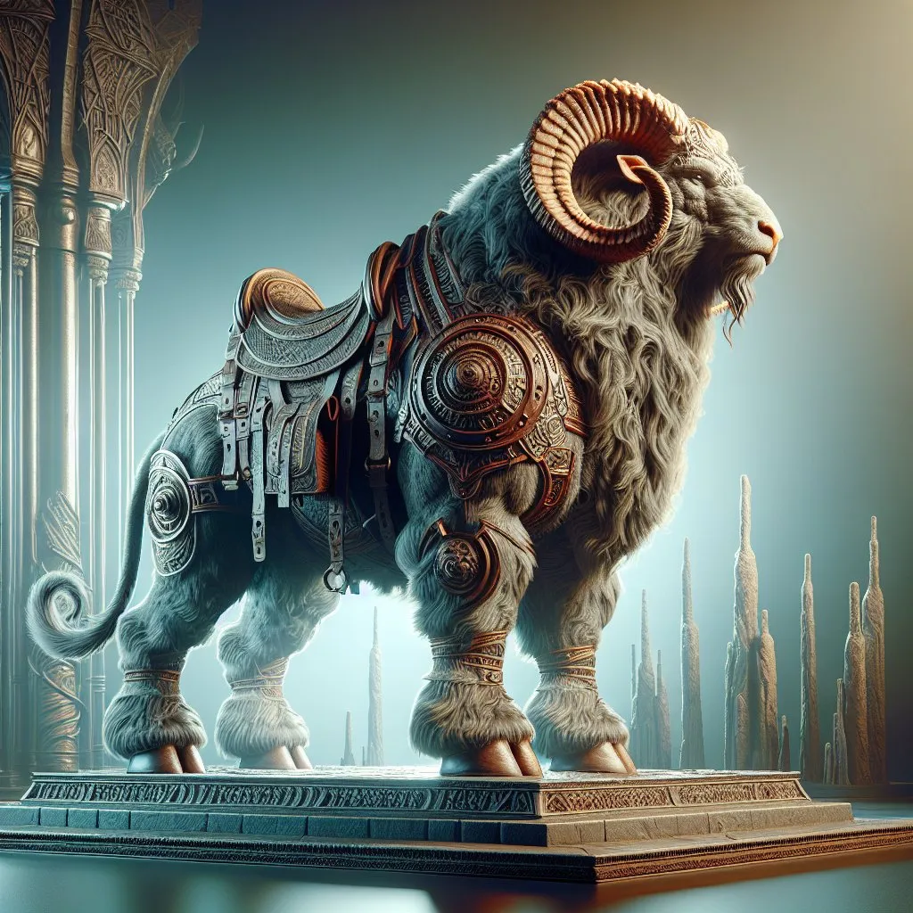 Prompt: Realistic Full-body Ram bull bear beast with a saddle guarding a territory, detailed background, high fantasy, digital rendering, very detailed, perfect picture, professional quality, fantasy art, concept art, detailed digital rendering, detailed ram bull bear beast, highres, professional, perfect lighting