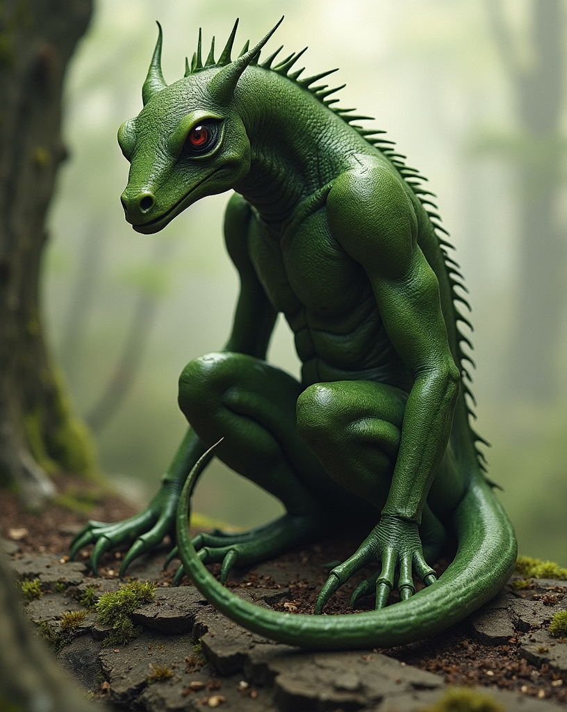 Prompt: Drak – (German) elf partly shapeshifted into a lizard. Likely represents the Hazel Worm as the protective spirit motif in German culture. A French version called a Drac is said to be a type of Lutin or French elf.
Draugar – Undead creatures that guard their burial mounds.