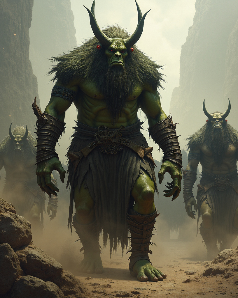 Prompt: Fomorians – Army of monstrous troll-like/goblin-like humanoid beings