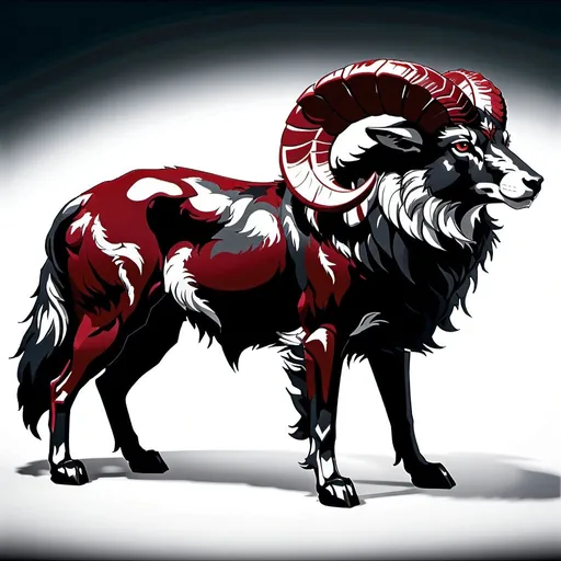 Prompt: create laying down beastly male black Ram Wolf hybrid with a dark red saddle on its back, it is  laying down 